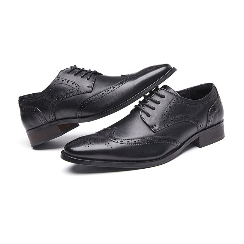 Męskie Buty Wyjściowe Brogue Pointed Toe Rzeźbione Derby Ze Skóry Bydlęcej Sznurowane 4 Oczka - Czarny