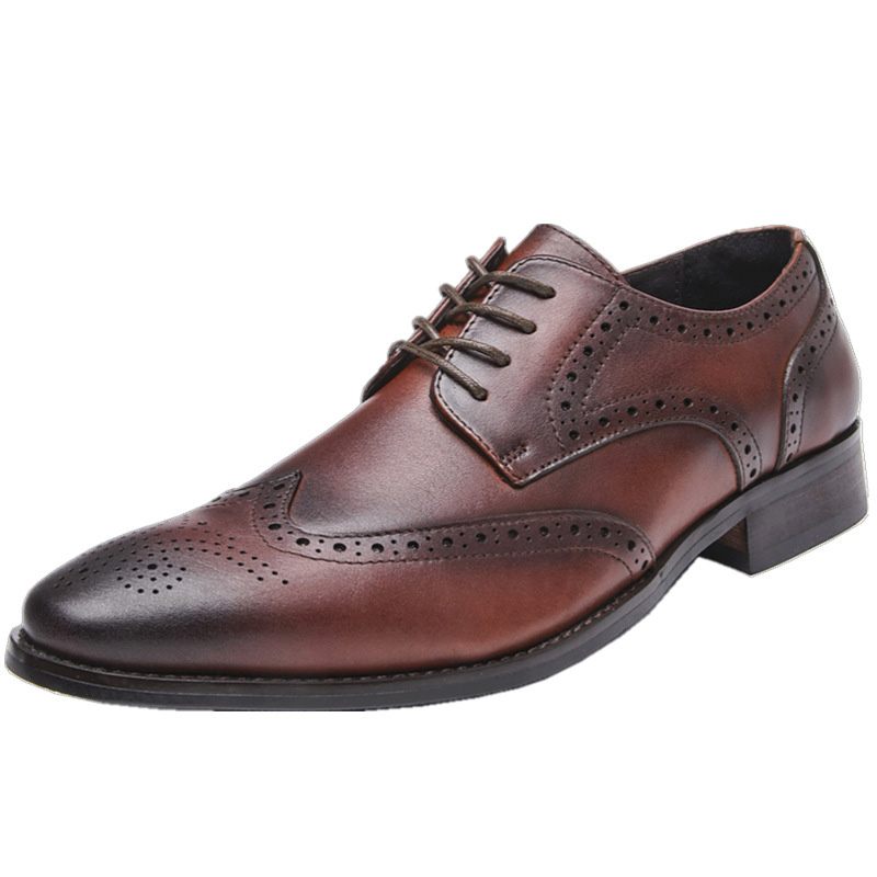 Męskie Buty Wyjściowe Brogue Pointed Toe Rzeźbione Derby Ze Skóry Bydlęcej Sznurowane 4 Oczka - Brązowy