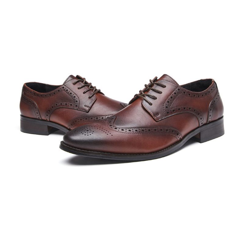 Męskie Buty Wyjściowe Brogue Pointed Toe Rzeźbione Derby Ze Skóry Bydlęcej Sznurowane 4 Oczka - Brązowy